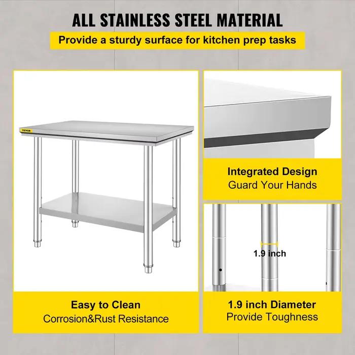 VEVOR Table de Travail Cuisine INOX, Plan de Travail Cuisine en 2 Etage, Table de Travail en Acier I