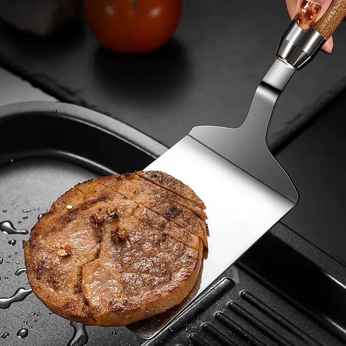 Spatule à Steak antiadhésive en acier inoxydable 304, pince à crêpes pour Barbecue, manche en bois, 