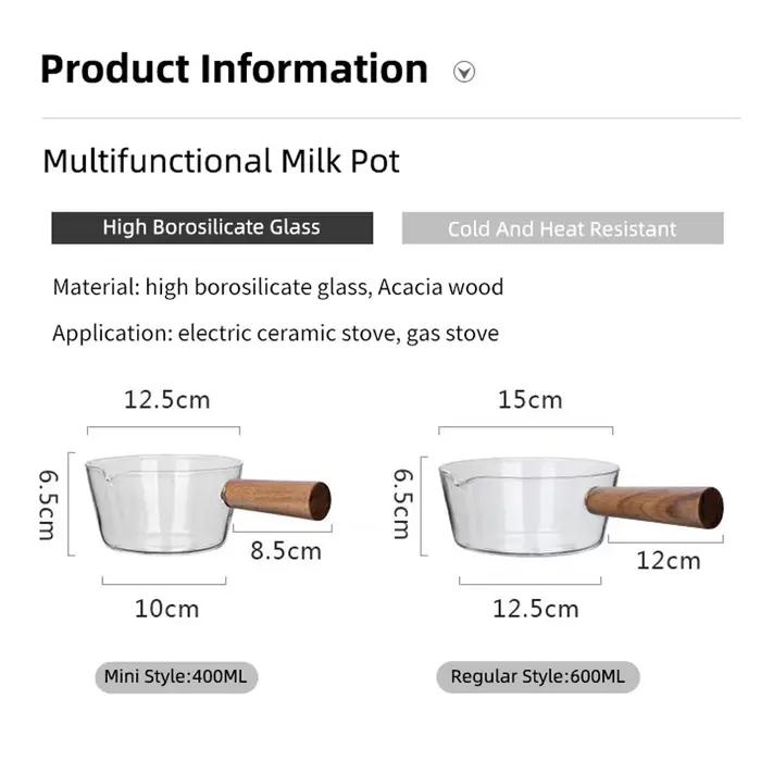 Pot à lait en verre avec manche en bois, cuisson transparente, chauffage, soupe au lait, ustensiles 