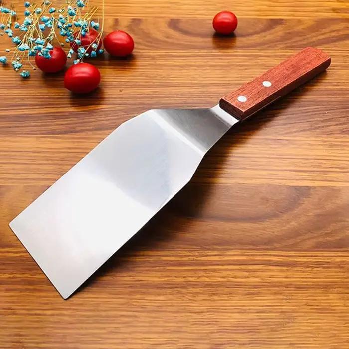 Spatule de cuisson à Steak à tête carrée en acier inoxydable, manche en bois, pelle à Pizza, crêpes,