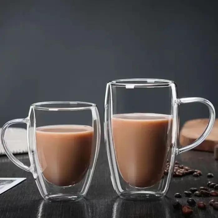 Tasse en verre Borosilicate transparent à Double paroi, résistante à la chaleur, avec poignée, pour 