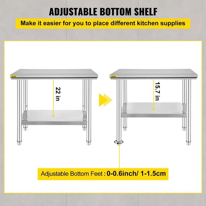 VEVOR Table de Travail Cuisine INOX, Plan de Travail Cuisine en 2 Etage, Table de Travail en Acier I