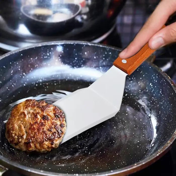 Spatule de cuisson à Steak à tête carrée en acier inoxydable, manche en bois, pelle à Pizza, crêpes,