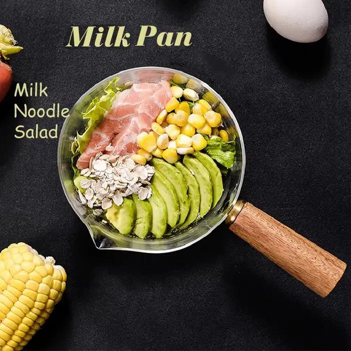 Pot à lait en verre avec manche en bois, cuisson transparente, chauffage, soupe au lait, ustensiles 