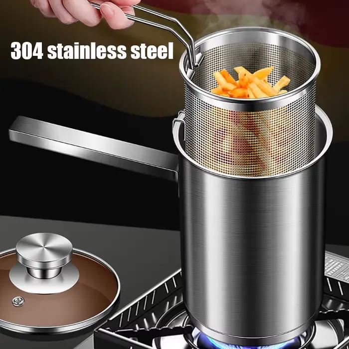 Pot de friteuse épais avec panier et couvercle, grande friteuse en acier inoxydable, passoire à pâte