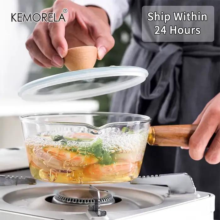 Pot à lait en verre avec manche en bois, cuisson transparente, chauffage, soupe au lait, ustensiles 