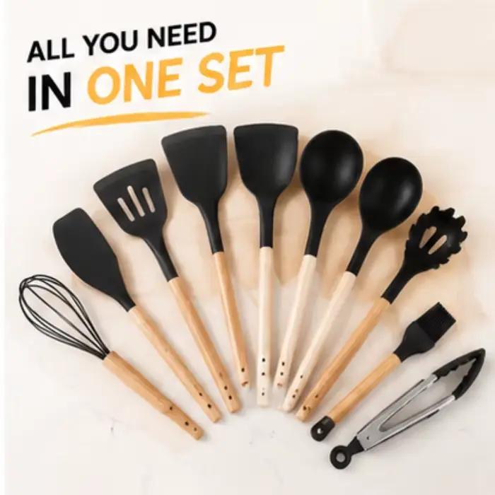 Ensemble de 12 ustensiles de cuisine en silicone noir antiadhésif avec manches en bois