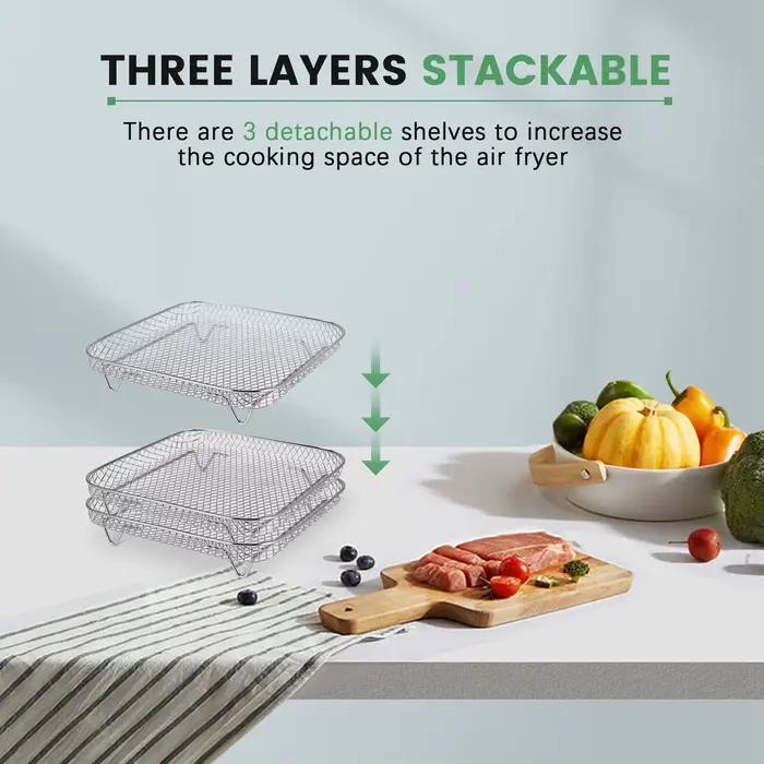 Support de Friteuse à Air Cosori 8 Pouces Empilable Trois Couches Matériau Inoxydable Qualité Alimentaire Pour Cuisson et Déshydratation Occasions Spéciales