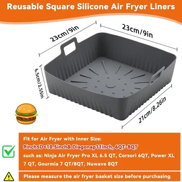 Doublures de friteuse à Air en Silicone XXL 9 pouces pour Cosori/Ninja 6-8QT Plateau de cuisson carré réutilisable sans huile et lavable au lave-vaisselle pour cuisson saine et pratique