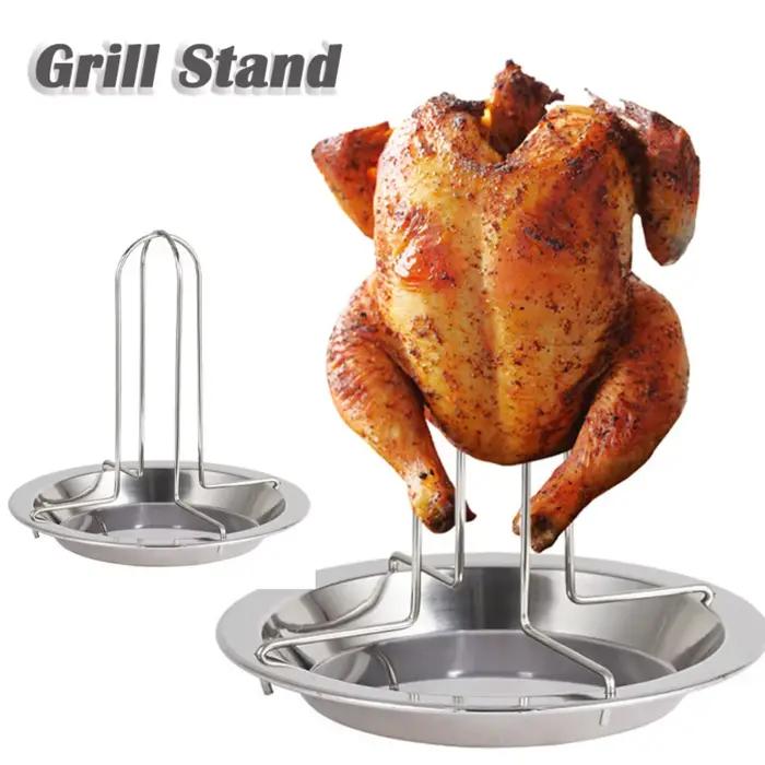 Support de gril à rôtir en acier inoxydable avec bol de récupération, antiadhésif, pour poulet, barbecue, plein air, cuisson saine et uniforme