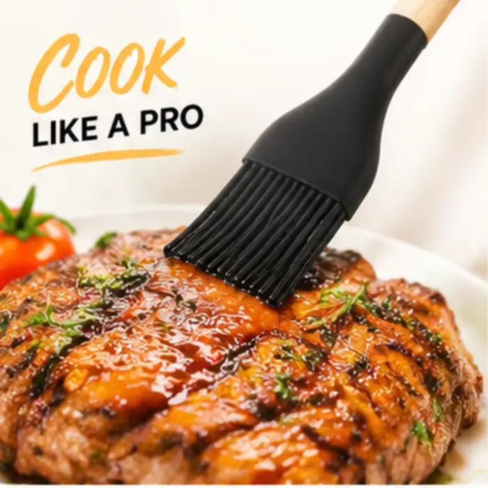 Ensemble de 12 ustensiles de cuisine en silicone noir antiadhésif avec manches en bois