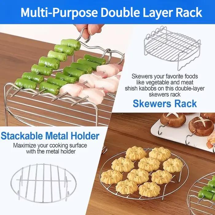 Supports pour friteuse à air en acier inoxydable avec double couche et 4 brochettes pour une cuisson saine et savoureuse occasion spéciale ou quotidienne