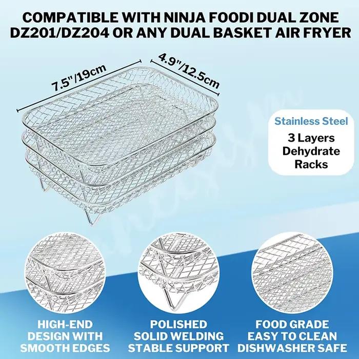 Support de friteuse à air empilable à 3 couches pour Ninja et autres marques populaires pour une cuisson au four多样化厨房配件空气油炸锅叠层烤架三层适用于双篮 Ninja及其他品牌适合烘烤场合