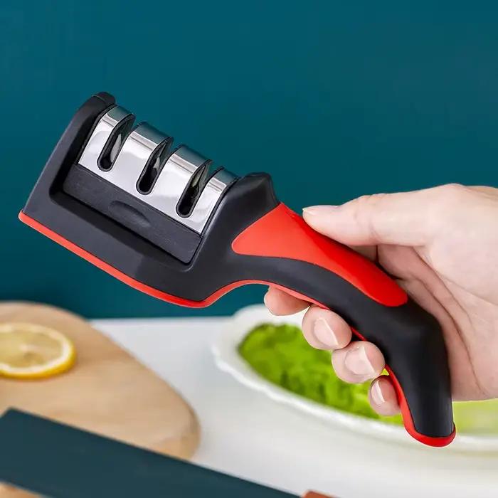 Affûteur de couteaux à 3 segments, pour couteaux de cuisine, pierre à aiguiser à trois usages en acier inoxydable pour outils de cuisine