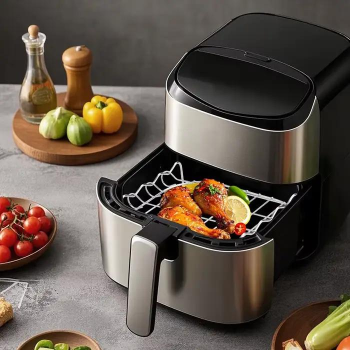 Support de gril pour friteuse à air avec quatre brochettes et grille de cuisson en acier au carbone pour barbecue familial camping et cuisine quotidienne