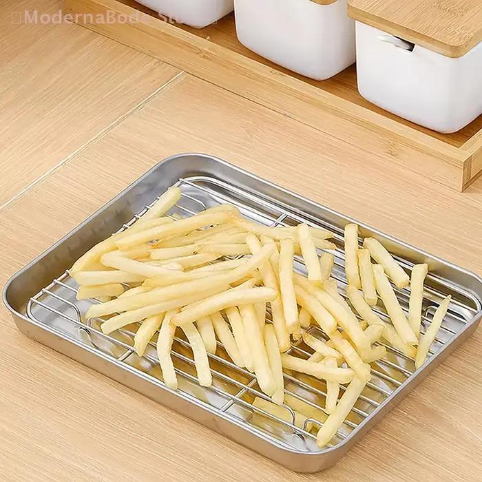 Plateau de cuisson en acier inoxydable avec support métallique pour gâteaux barbecue et four couleur élégante pour cuisine et préparation alimentaire