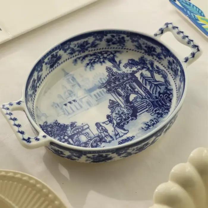 Casserole en porcelaine bleue et blanche, poêle à double poignée, ustensiles de cuisine en céramique Vintage pour ustensiles de cuisine, marmite de cuisson traditionnelle