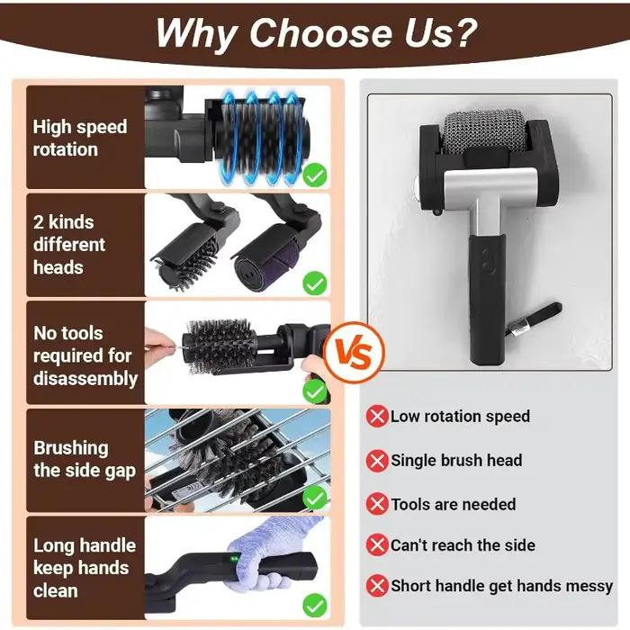 Brosse de nettoyage électrique pour barbecue avec rouleau en acier inoxydable 304 pour un nettoyage professionnel sans effort et une propreté parfaite des grillades occasions spéciales et barbecue familial