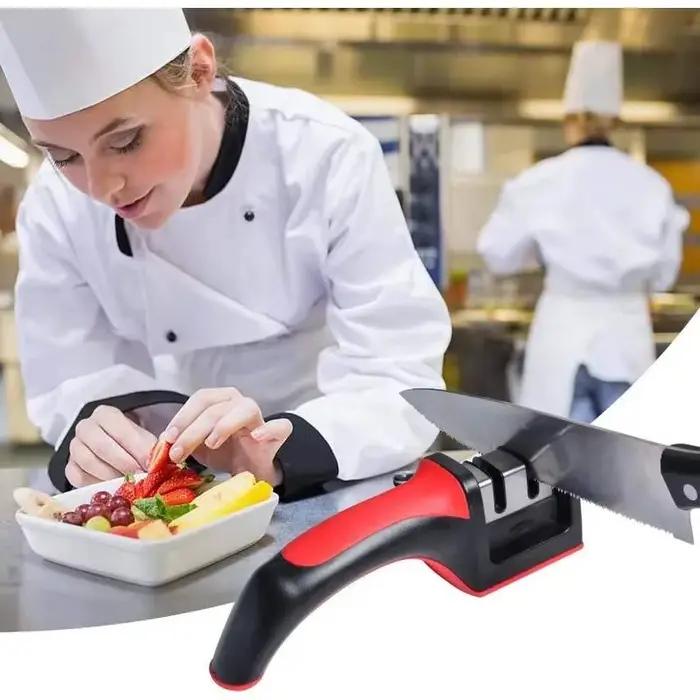 Affûteur de couteaux à 3 segments, pour couteaux de cuisine, pierre à aiguiser à trois usages en acier inoxydable pour outils de cuisine