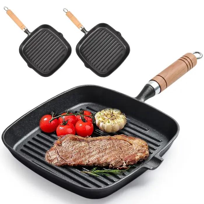 Poêle à gril carrée antiadhésive en fonte avec bec anti-goutte avec manche en bois pour griller intérieur et extérieur