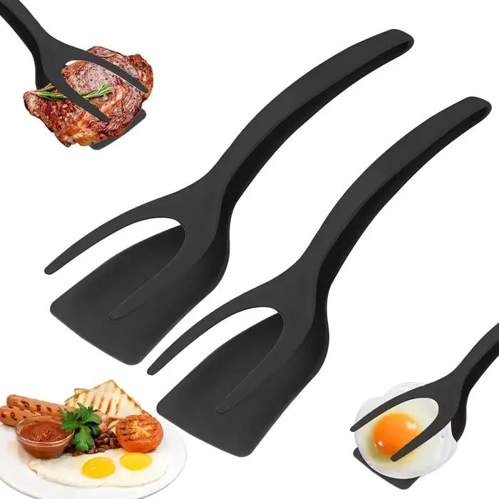Spatule multifonctionnelle en Nylon 2 en 1 poignée Flip pinces oeuf Flipper spatule revêtement antiadhésif crêpes poisson française toast omelette faisant outil gris clair ivoire vert armée