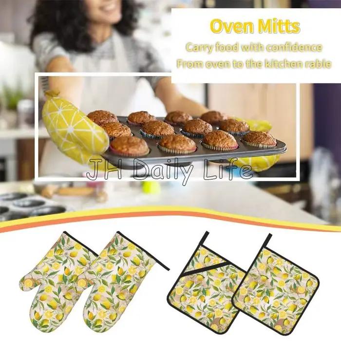 Mitaines de four et poêles au citron jaune