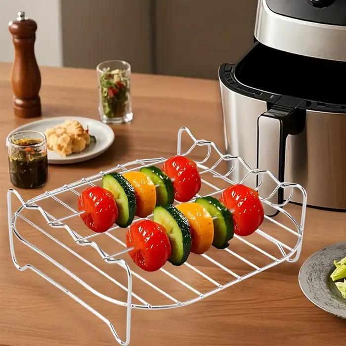 Support pour friteuse à air avec 4 brochettes et ensemble de grille pour cuisson et grillade dans les petits fours convivial et durable en acier inoxydable