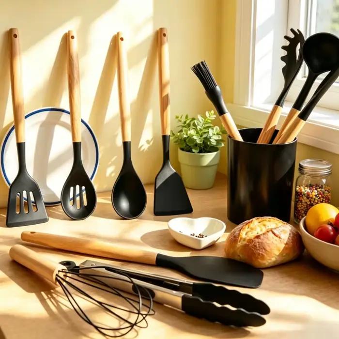 Ensemble de 12 ustensiles de cuisine en silicone noir antiadhésif avec manches en bois