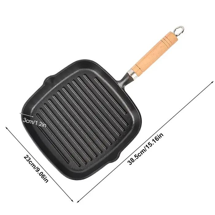 Poêle à gril carrée antiadhésive en fonte avec bec anti-goutte avec manche en bois pour griller inté