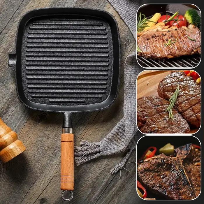 Poêle à gril carrée antiadhésive en fonte avec bec anti-goutte avec manche en bois pour griller intérieur et extérieur
