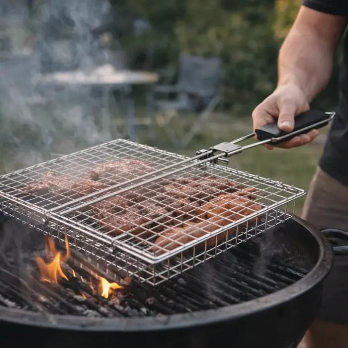 Accessoires de barbecue : Panier de cuisson pliable multifonctionnel antiadhésif en acier au carbone