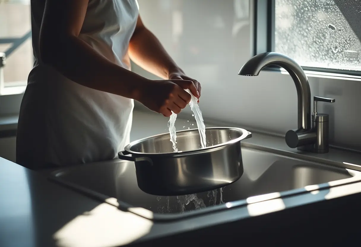 Une silhouette de personne nettoyant une casserole amovible sous l'eau