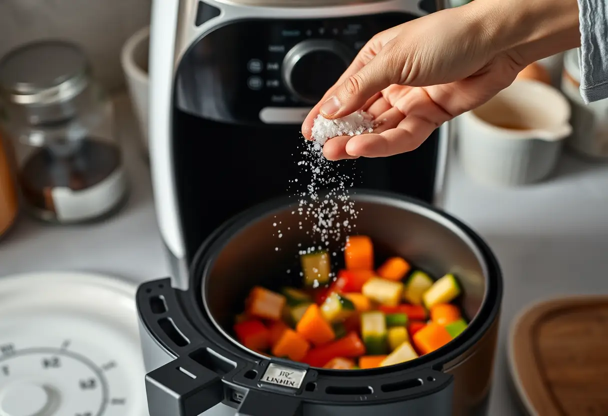 Une main verse du sel sur des légumes préparés dans un air fryer Lidl