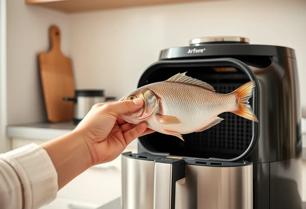 Une main tenant un poisson prêt à être placé dans un air frire dans une cuisine