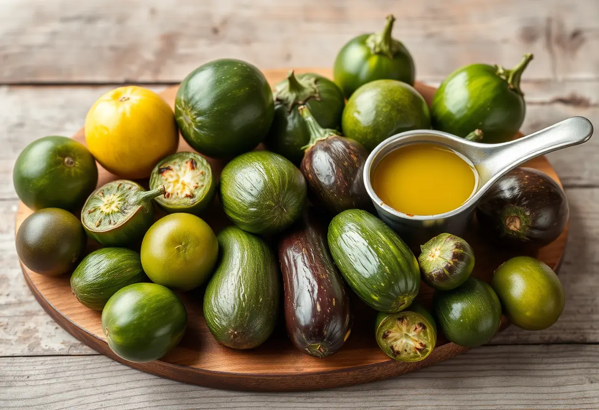 Aubergines sur une planche de bois avec de l'huile d'olive