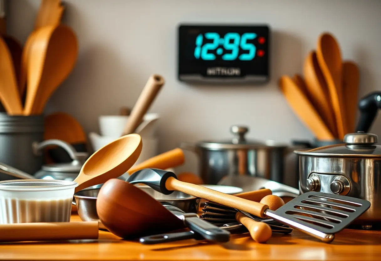 Cuisine avec ustensiles de cuisine et minuteur numérique