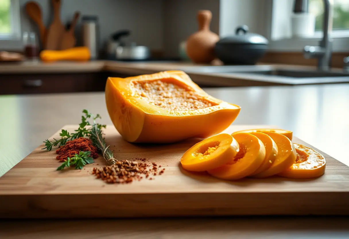 Assiette de butternut cuite accompagnée d'herbes fraîches