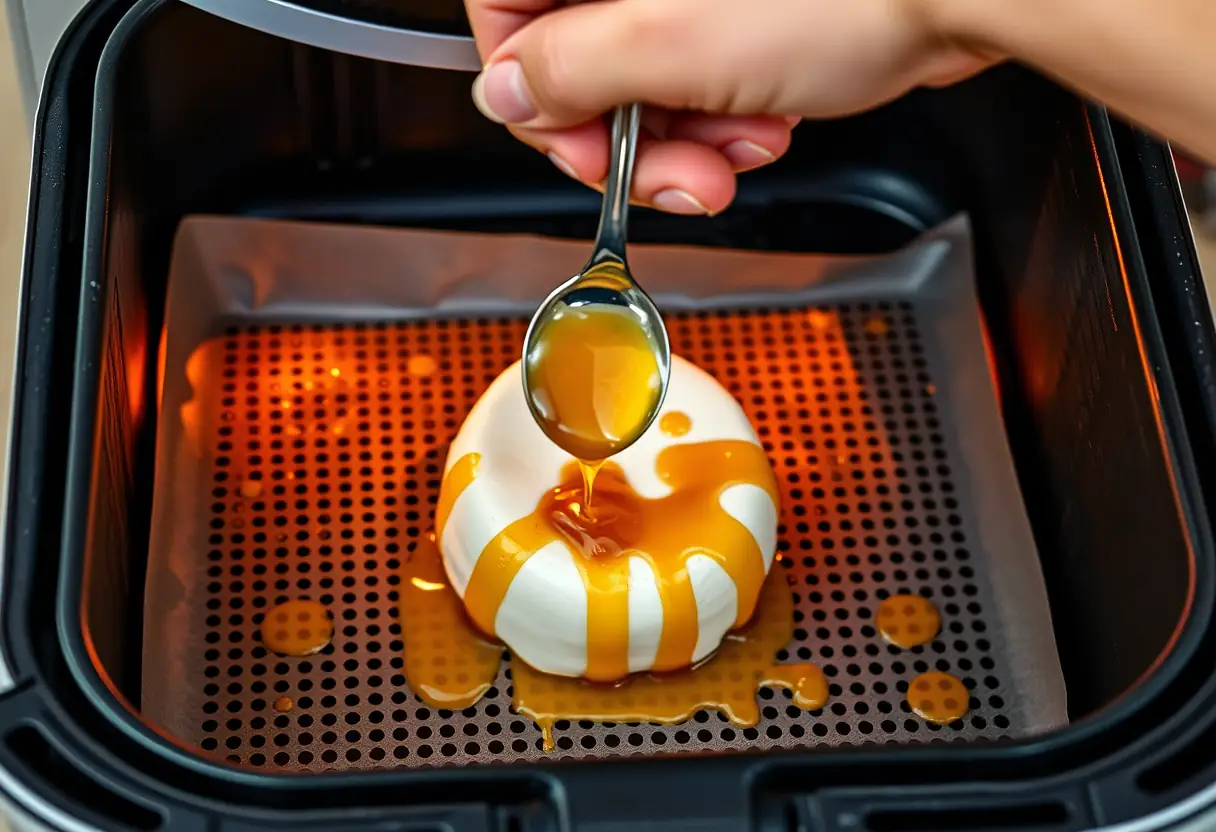Une main tenant une cuillère avec du miel qui coule sur le camembert dans un air fryer
