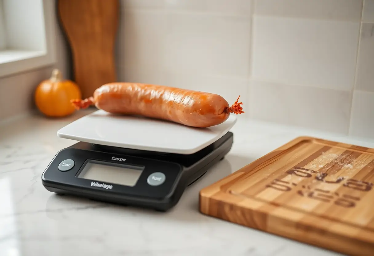 Échelle numérique dans une cuisine, saucisse posée dessus