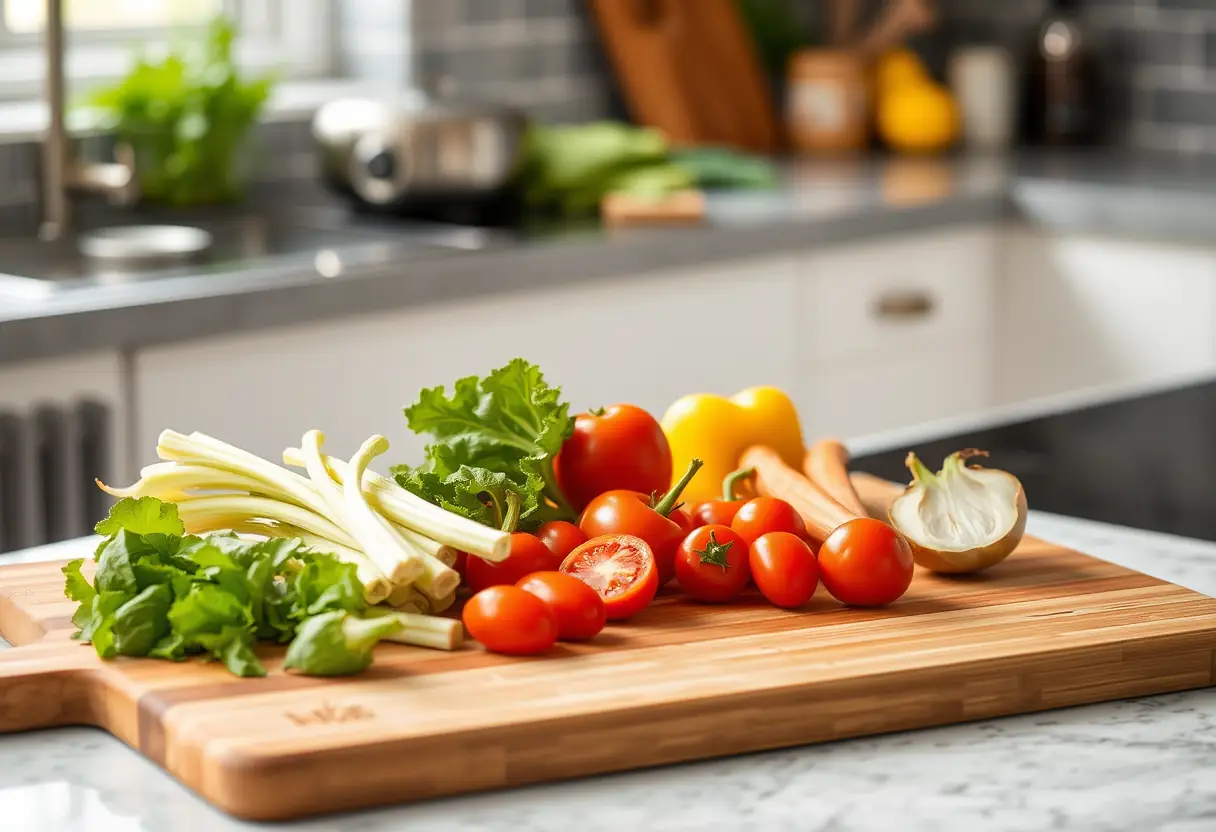 Un plan de travail de cuisine avec un plateau en bois garni de légumes frais prêts à être cuits avec peu d'huile