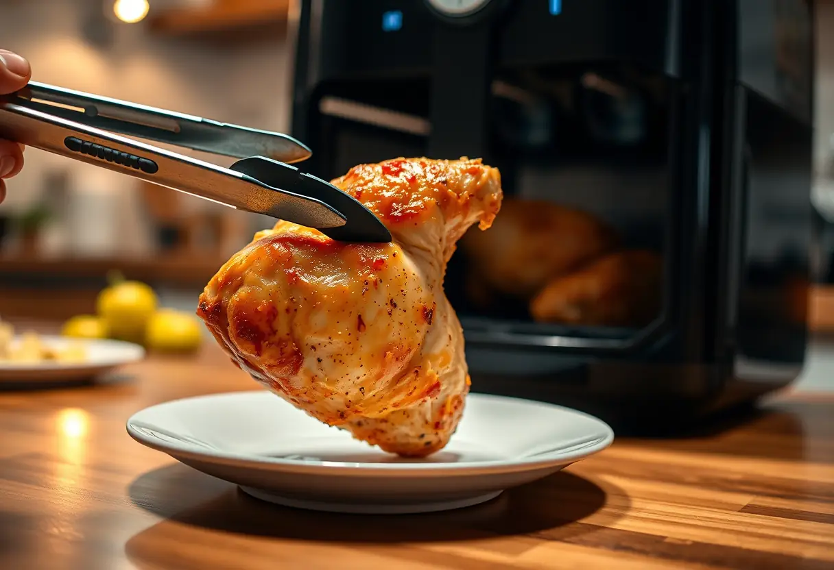 Cuisse de poulet cuite sortie de l'air frire sur plateau
