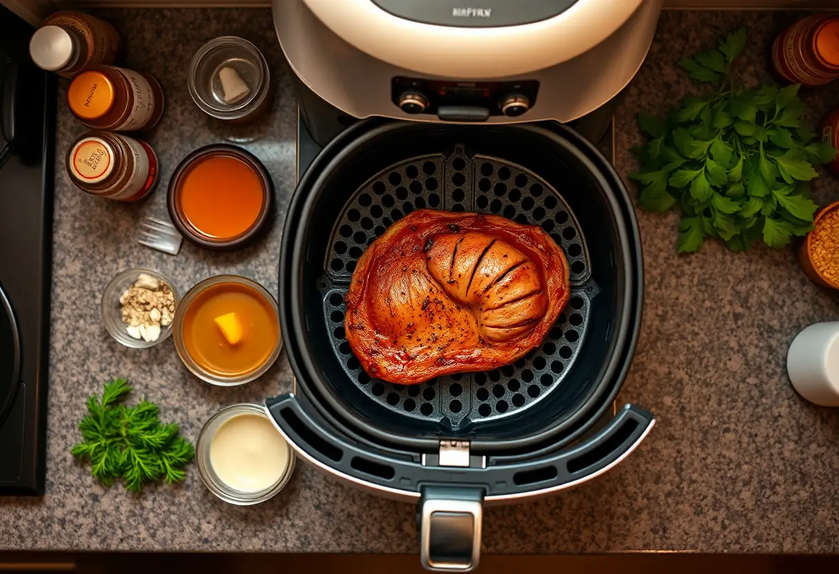 Air frire rempli de condiments et de viandes cuites