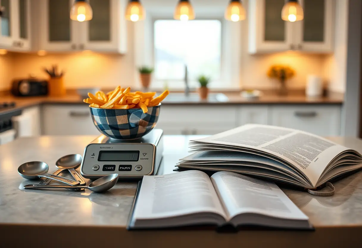 Cuillères à mesurer et balance numérique sur un îlot de cuisine avec un bol de frites préparées