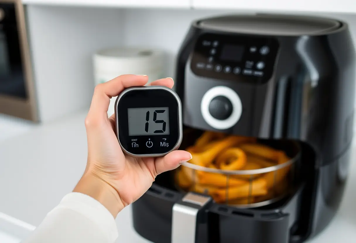 Chronomètre réglé à 15 minutes près d'une friteuse électrique