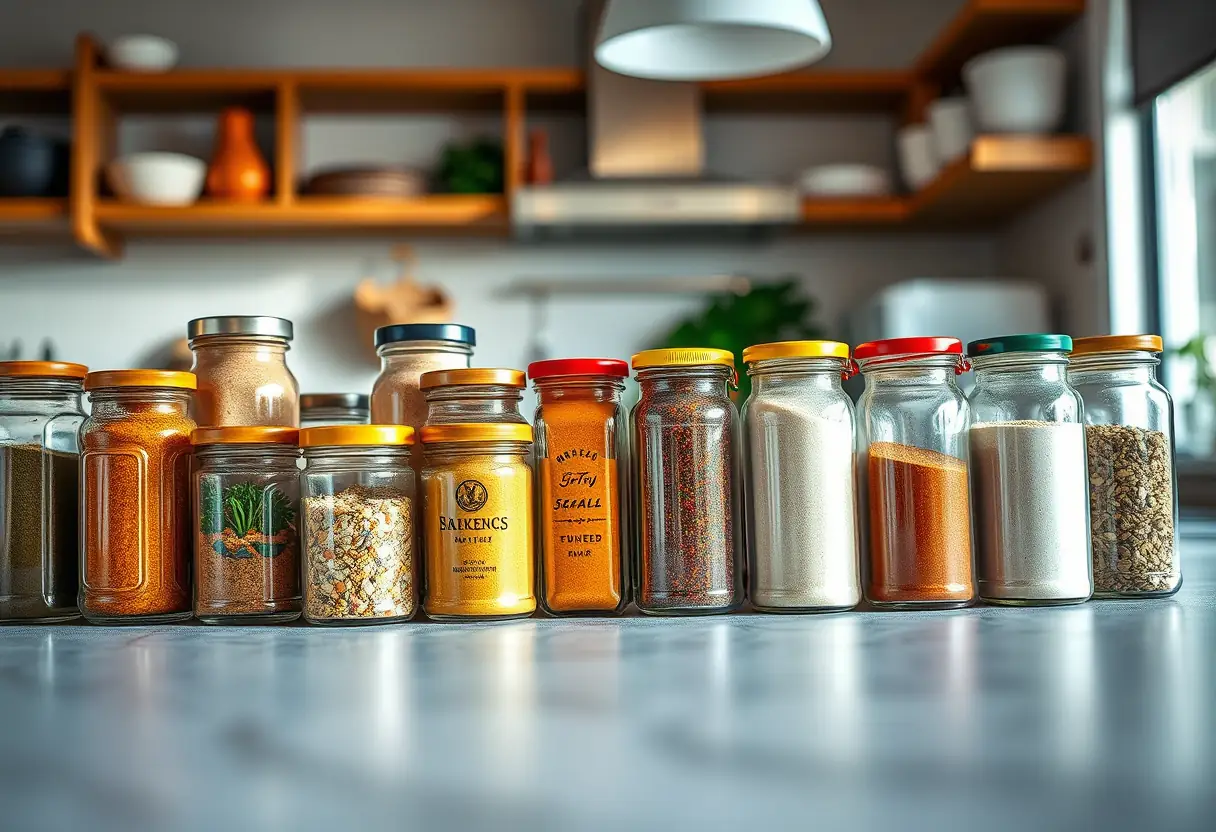 Une rangée d'épices dans des bocaux sur une étagère de cuisine