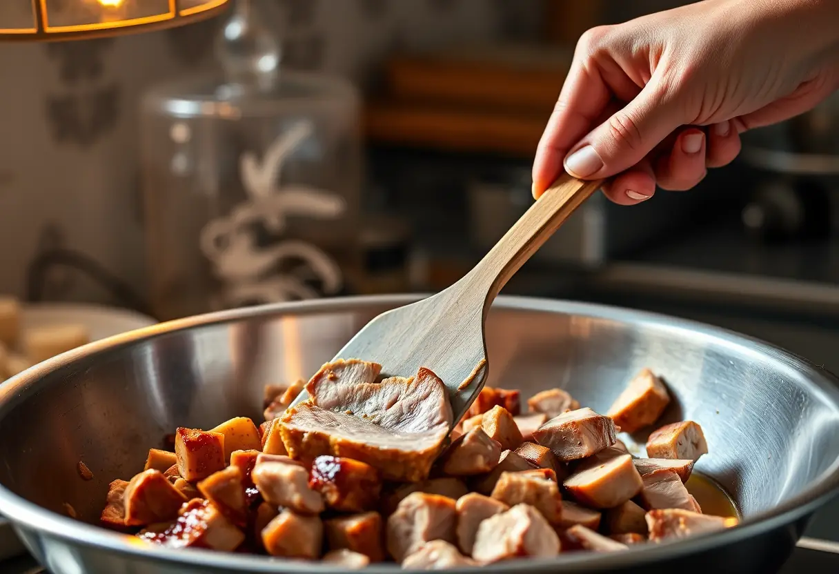 Des tranches de magret de canard cuits se retournent dans un bol sous une lumière chaude