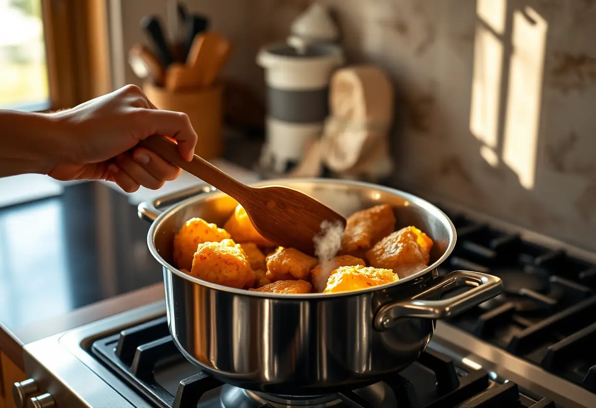 Une main tenant une spatule en bois en train de remuer une marmite avec du poulet frit sous la lumière du jour