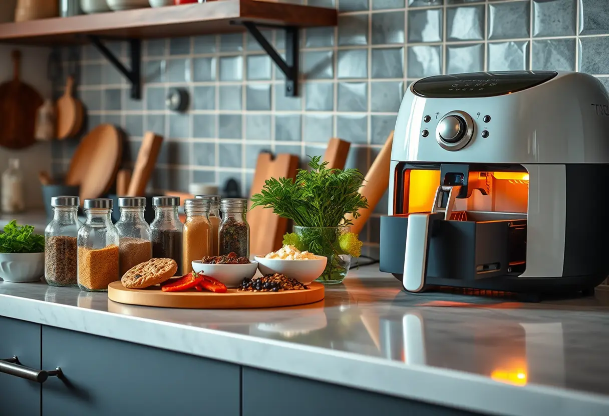 Un plan de travail de cuisine avec des épices et des herbes près d'une friteuse à air chaud en marche