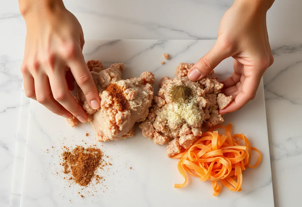 Des mains malaxent une mixture de poulet haché et d'épices sur un marbre luisant