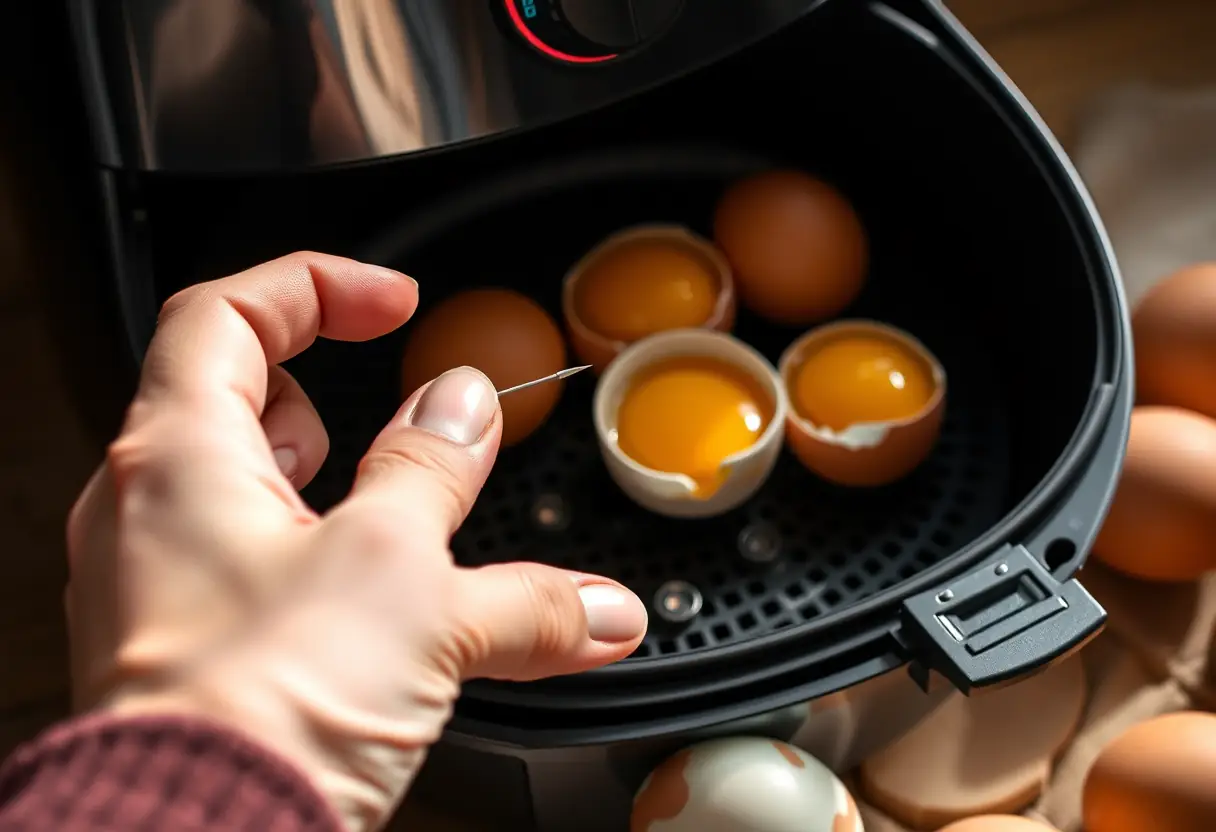 Une main piquant délicatement un œuf pour la cuisson